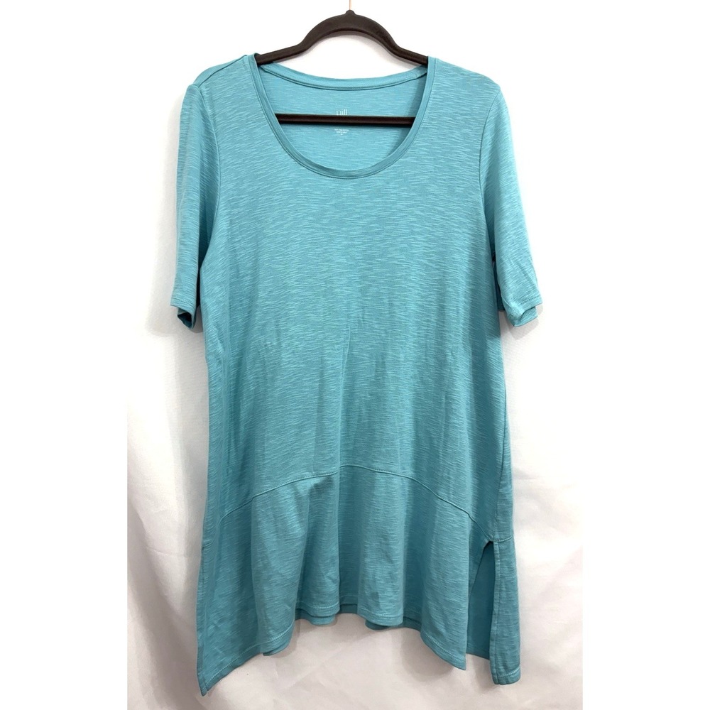 J Jill Aqua Blue Pima Cotton Dipped Hem Tunic Top Short Sleeve Womens Size M